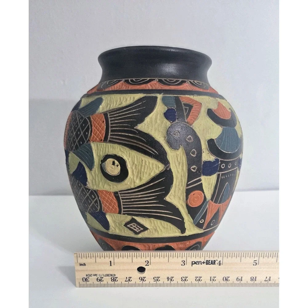 Vintage Okinawa Japan‎ Pottery Vase Hand Carved Double Sided RARE Multicolored